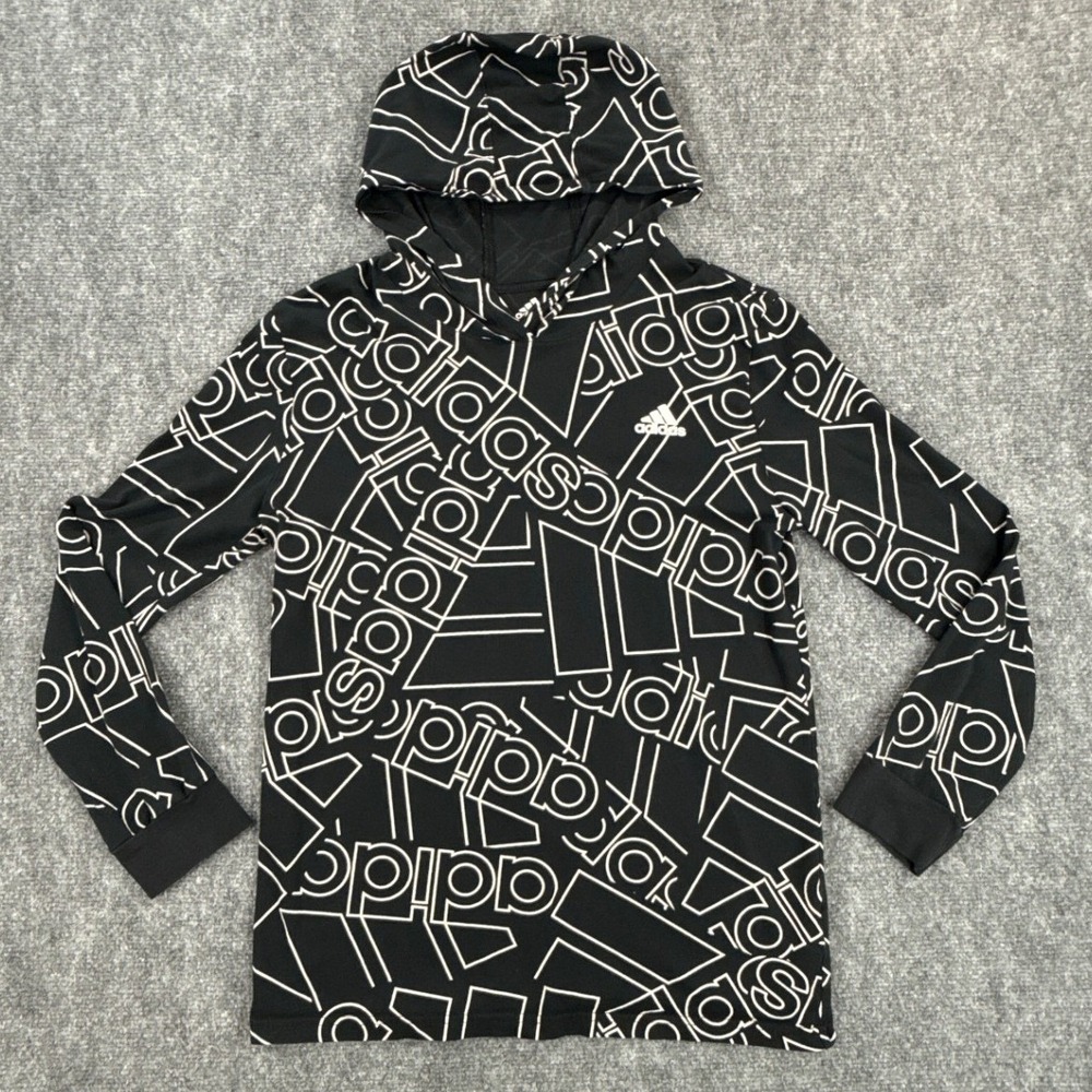 Adidas Hoodie Shirt Boys Large 14/16 Black White All Over Logo Print AA6927